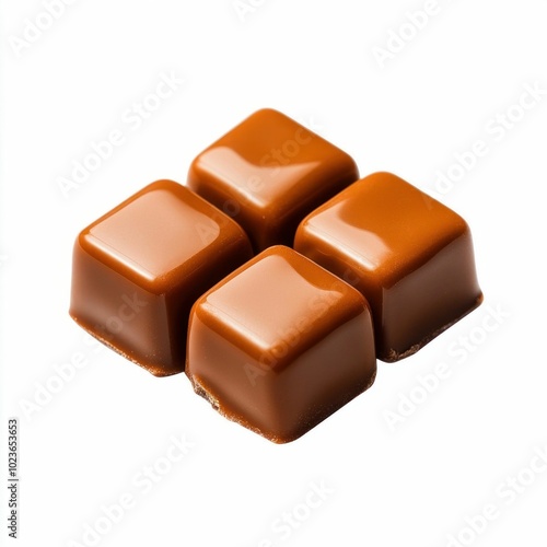 Four Caramel Squares Isolated on White Background