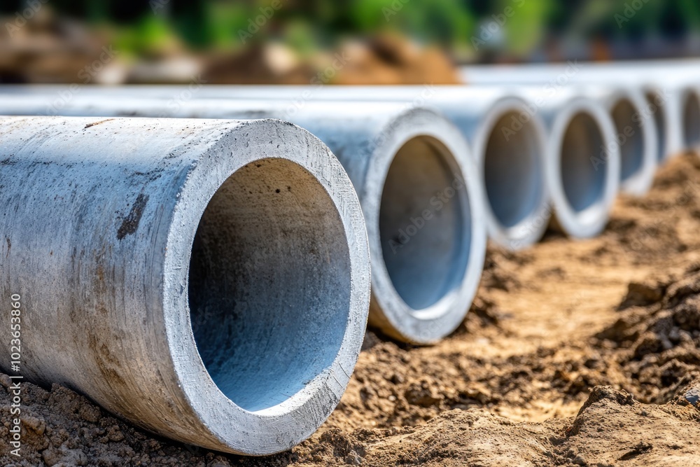Concrete Pipes Laid in a Trench on a Construction Site Concrete Pipes Laid in a Trench on a Construction Site