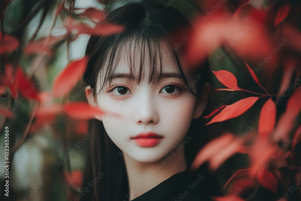 秋の紅葉の中で静かに佇む少女の肖像、深い緑と赤のコントラストが美しい午後 秋の紅葉の中で静かに佇む少女の肖像、深い緑と赤のコントラストが美しい午後