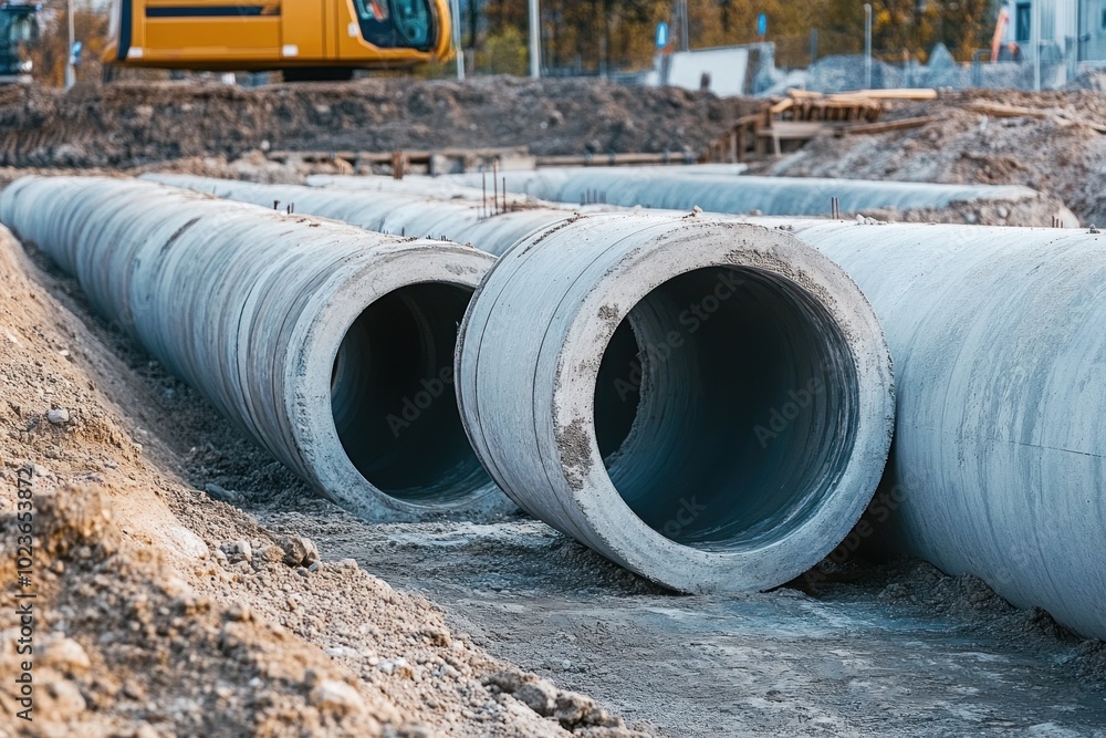 Concrete Pipes Laid in a Construction Site Concrete Pipes Laid in a Construction Site