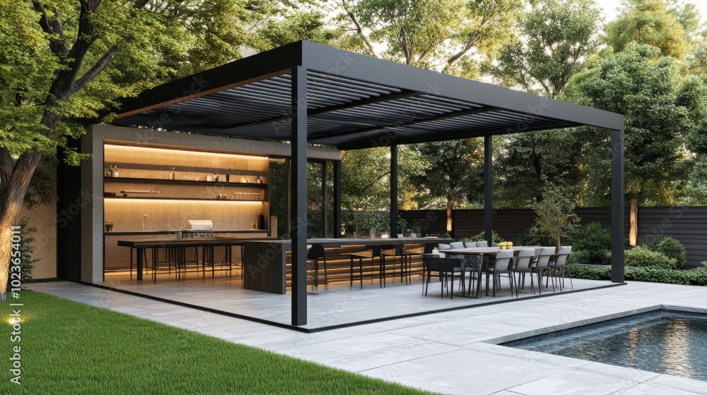A large patio with a black canopy and a pool A large patio with a black canopy and a pool