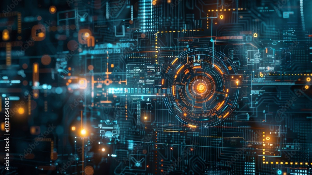 Copy space surrounded by cyber defense graphics.