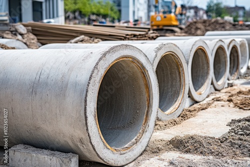 Concrete Pipes Stacked On A Construction Site