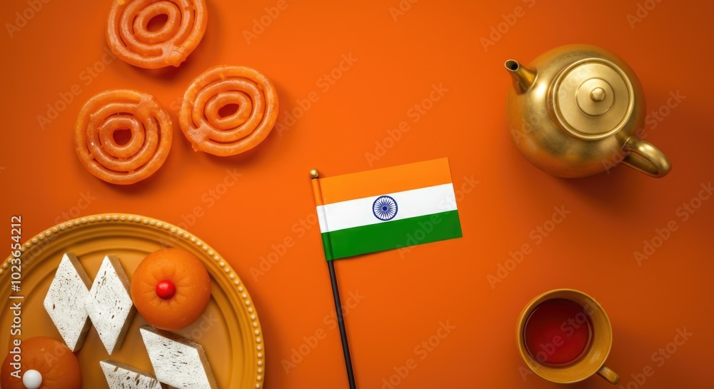 Traditional Indian Sweets and Tea on Orange Background Traditional Indian Sweets and Tea on Orange Background