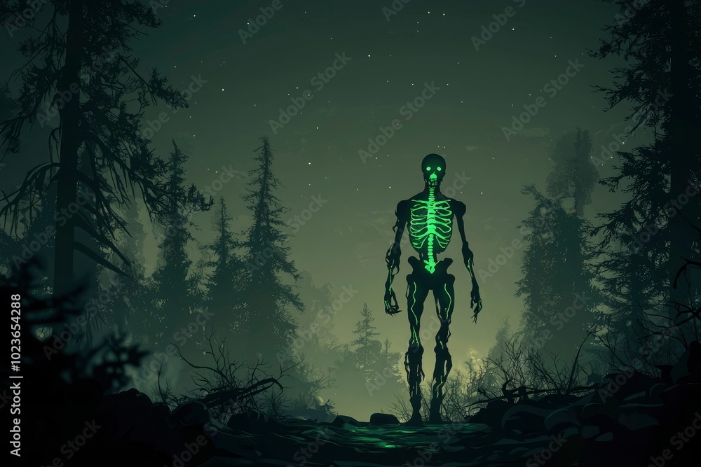 Fototapeta premium A glowing skeletal figure stands in a misty forest at night