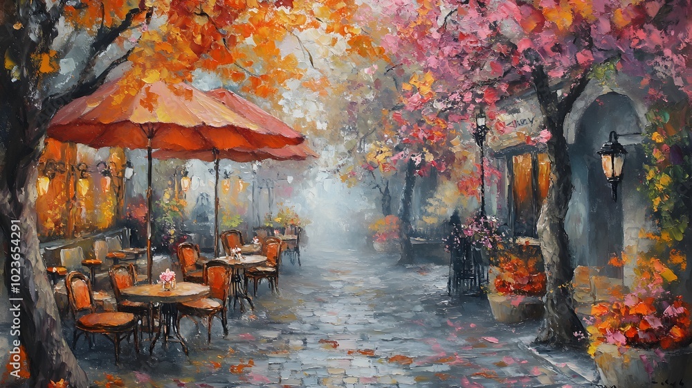 A painting of an outdoor cafe in autumn, with orange and pink flowers on the trees, tables set up under umbrellas along cobblestone streets A painting of an outdoor cafe in autumn, with orange and pink flowers on the trees, tables set up under umbrellas along cobblestone streets