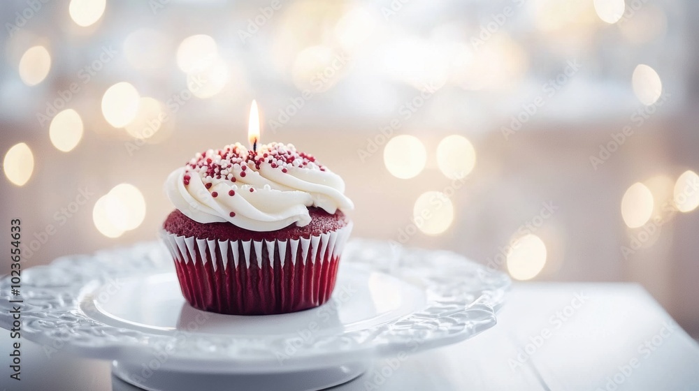 Festive Red Velvet Cupcake with Whipped Cream Topping and Sparkling Candle Festive Red Velvet Cupcake with Whipped Cream Topping and Sparkling Candle