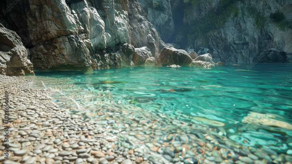 Serene Seaside Escape Tranquil Pebble Beach with Turquoise Waters and Majestic Cliffs