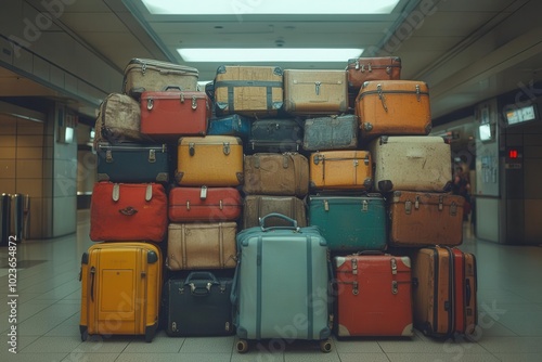 suitcase overflowing with luggage at an airport terminal depicting the challenges travelers face with a sense of urgency and hassle in a bustling environment