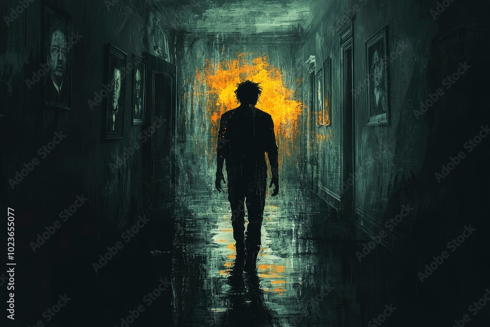 Silhouetted Figure Walking Down a Dark Hallway with a Glow of Light at the End Silhouetted Figure Walking Down a Dark Hallway with a Glow of Light at the End