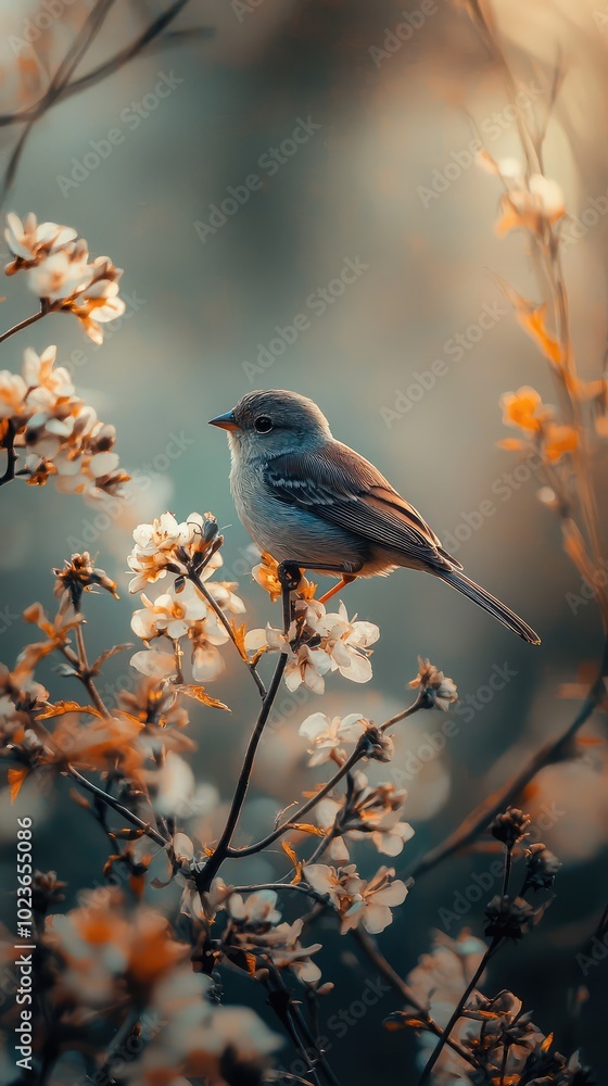 A Tranquil Moment of a Finch Perched on Blossoms A Tranquil Moment of a Finch Perched on Blossoms