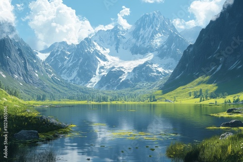 Mountain river flowing through green valley with snow capped mountain