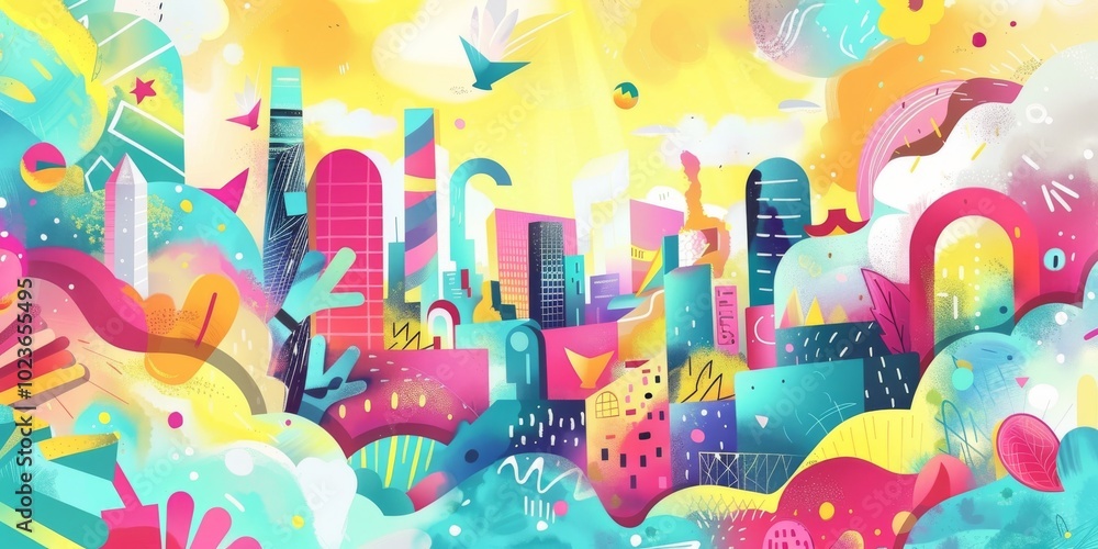 Creative hand-drawn cartoon scene with colorful double exposure elements. Creative hand-drawn cartoon scene with colorful double exposure elements.