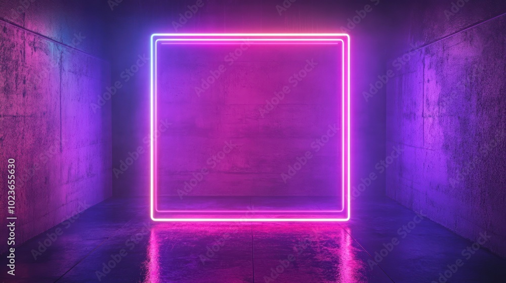 Neon Light Frame in a Dark Room with Concrete Walls and Wet Floor Neon Light Frame in a Dark Room with Concrete Walls and Wet Floor