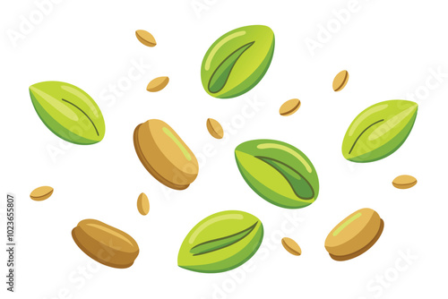 Isolated Falling Pistachio Nuts Flat Vector Illustration Set on White Background.