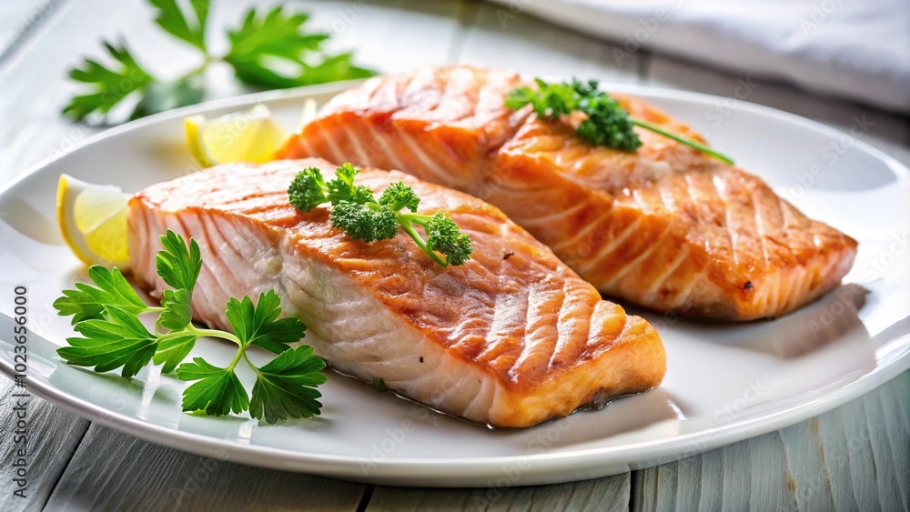 Grilled salmon fillets on an elegant white plate with a low angle perspective Grilled salmon fillets on an elegant white plate with a low angle perspective