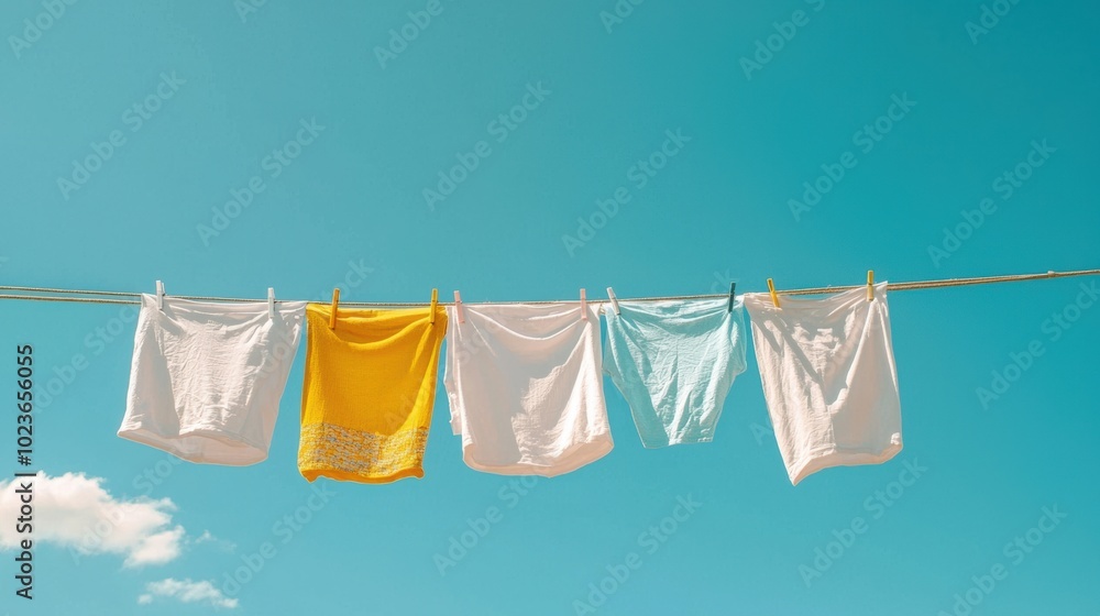 Freshly Washed Clothes Hanging on a Clothesline in the Open Air Freshly Washed Clothes Hanging on a Clothesline in the Open Air