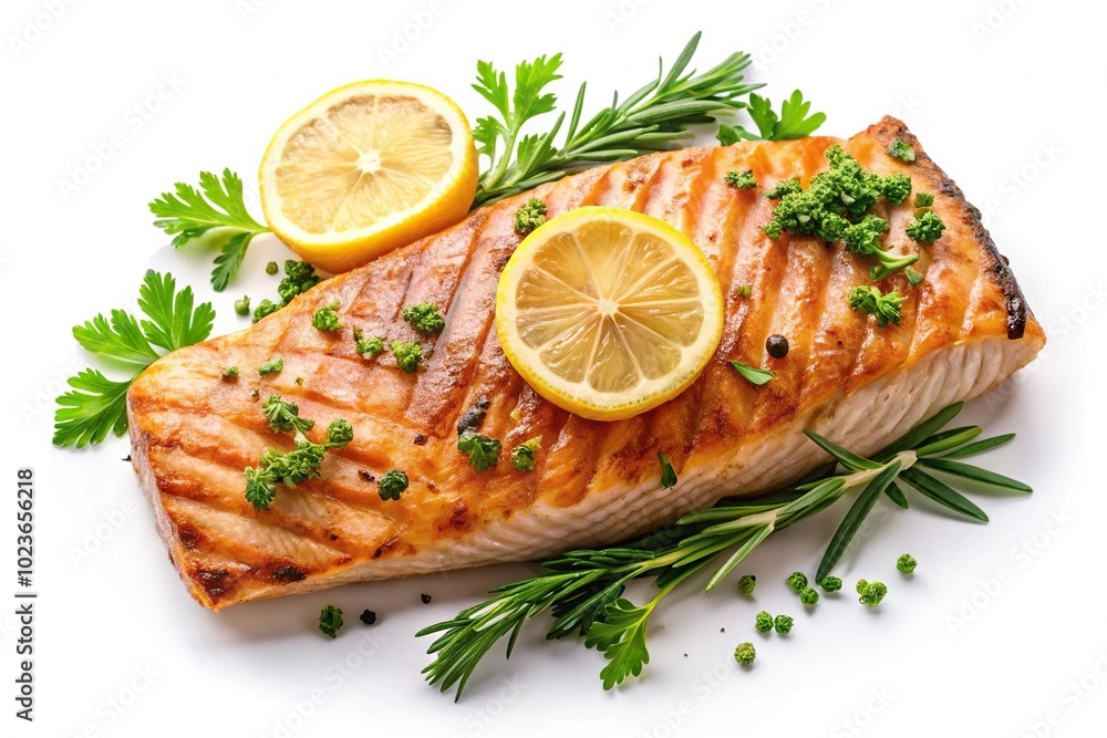 Grilled salmon with lemon and herbs on a white plate Grilled salmon with lemon and herbs on a white plate