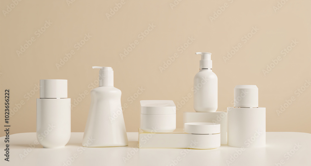A minimalist skincare product display showcases a selection of elegant skincare bottles A minimalist skincare product display showcases a selection of elegant skincare bottles