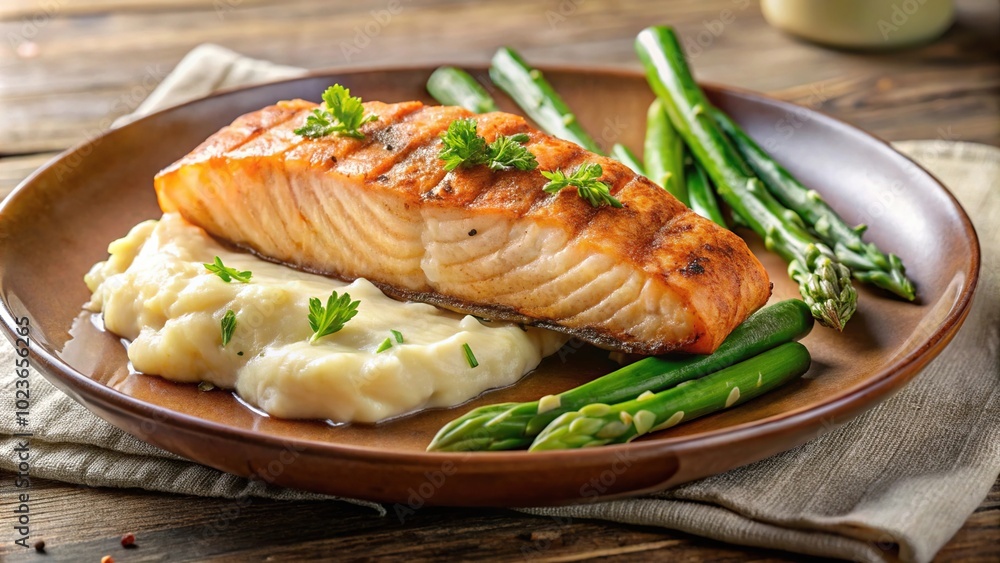 Grilled salmon with mashed potatoes and asparagus on beige plate at tilted angle Grilled salmon with mashed potatoes and asparagus on beige plate at tilted angle