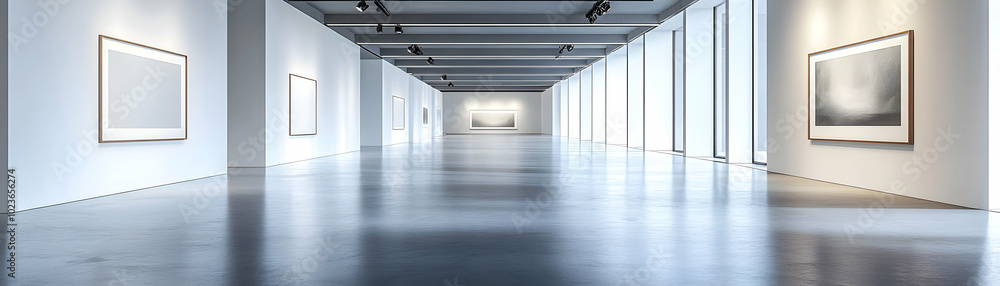 Minimalist Art Gallery with White Walls: Slow Pan of Spacious Exhibition Space Featuring Polished Concrete Floors and Captivating Artistic Focus Minimalist Art Gallery with White Walls: Slow Pan of Spacious Exhibition Space Featuring Polished Concrete Floors and Captivating Artistic Focus