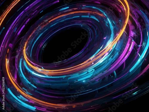 An abstract digital artwork background featuring swirling light trails in neon blue, purple, and orange hues, forming a dynamic, futuristic energy sphere. The background is deep black, enhancing