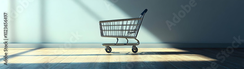 Minimalist Photo Stock Concept: Plain Backdrop Featuring Shopping Cart Shadow and Large Percentage Sign Symbolizing Retail Savings