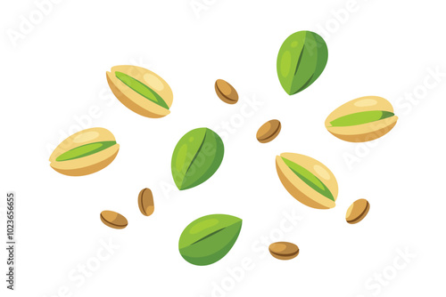 Isolated Falling Pistachio Nuts Flat Vector Illustration Set on White Background.