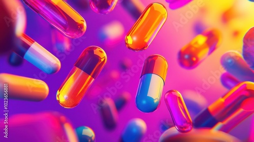 Colorful capsules suspended in a vibrant pink and purple background