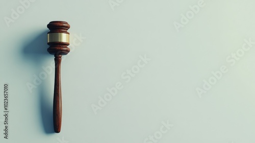 A judge's gavel lying flat on a white background, symbolizing the power of the law and decision-making. No people. photo