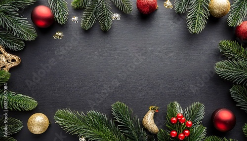 A minimalist, flat lay composition of Christmas ornaments and evergreen branches arranged on a dark wooden surface, creating a frame for copy or product placement photo