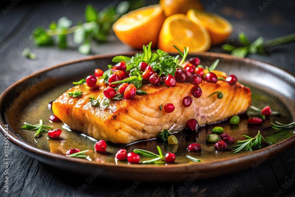 Grilled salmon with pomegranate and orange sauce on dark plate, garnished with herbs, low angle shot Grilled salmon with pomegranate and orange sauce on dark plate, garnished with herbs, low angle shot