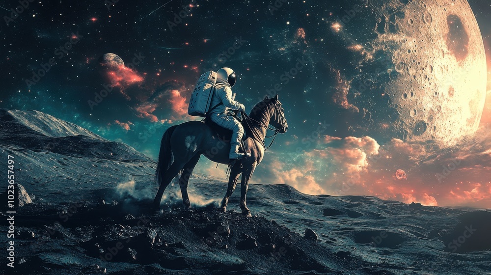 Naklejka premium An astronaut on a horse gazes towards a large, detailed moon in a surreal, cosmic landscape filled with vibrant colors and dramatic lighting