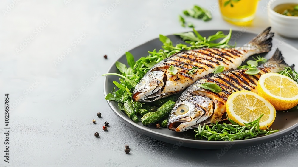 Freshly grilled fish drizzled with omega oil, served with a side of green vegetables, Omega-rich meal, wholesome dinner Freshly grilled fish drizzled with omega oil, served with a side of green vegetables, Omega-rich meal, wholesome dinner
