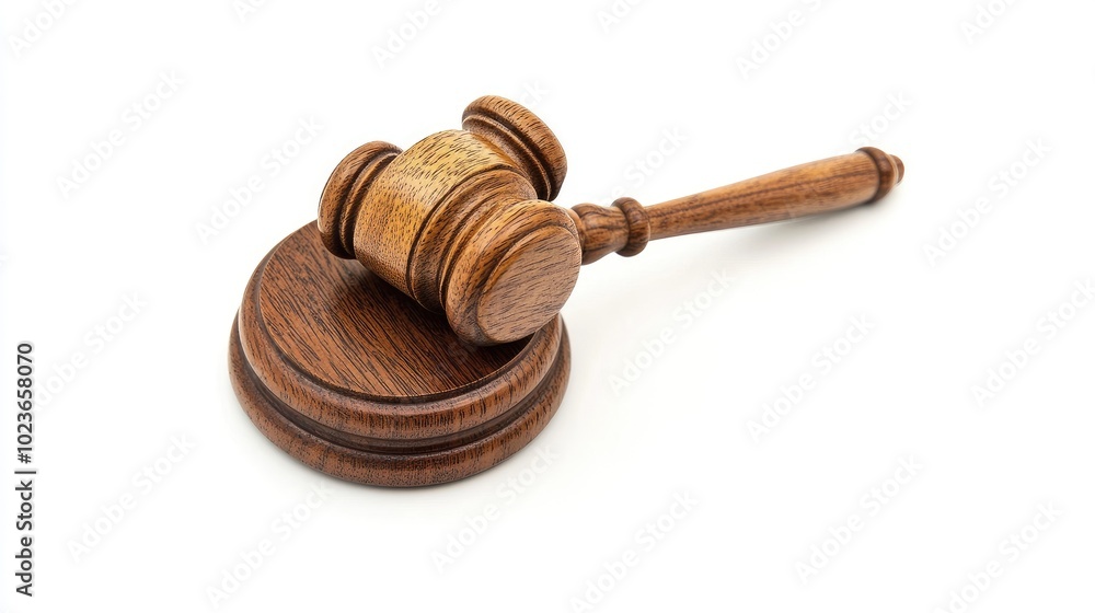A polished wooden gavel resting on a sound block, isolated on a simple white background, representing legal decisions. No people. A polished wooden gavel resting on a sound block, isolated on a simple white background, representing legal decisions. No people.