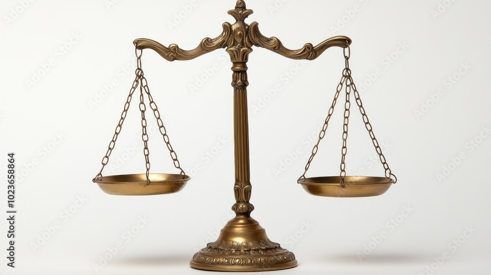 Classic brass scales of justice, positioned on a plain white background, emphasizing legal balance. No people. Classic brass scales of justice, positioned on a plain white background, emphasizing legal balance. No people.