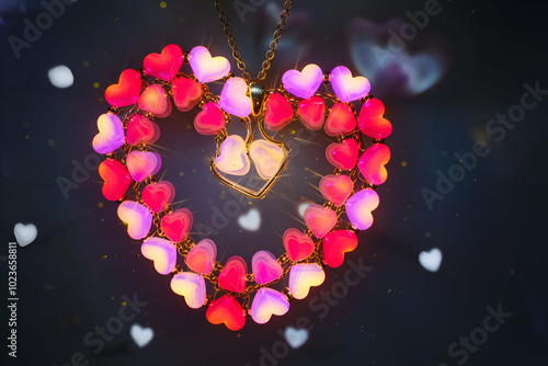 A necklace with many hearts on it. The necklace is gold and pink. The necklace is a heart shape