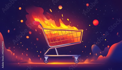 A vibrant shopping cart engulfed in flames, set against a cosmic background, symbolizing intense consumerism and desire. photo