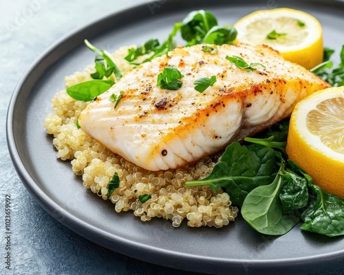 Fresh fish fillet cooked with omega oil, served on a plate with quinoa and greens, Omega-rich meal, wholesome nutrition