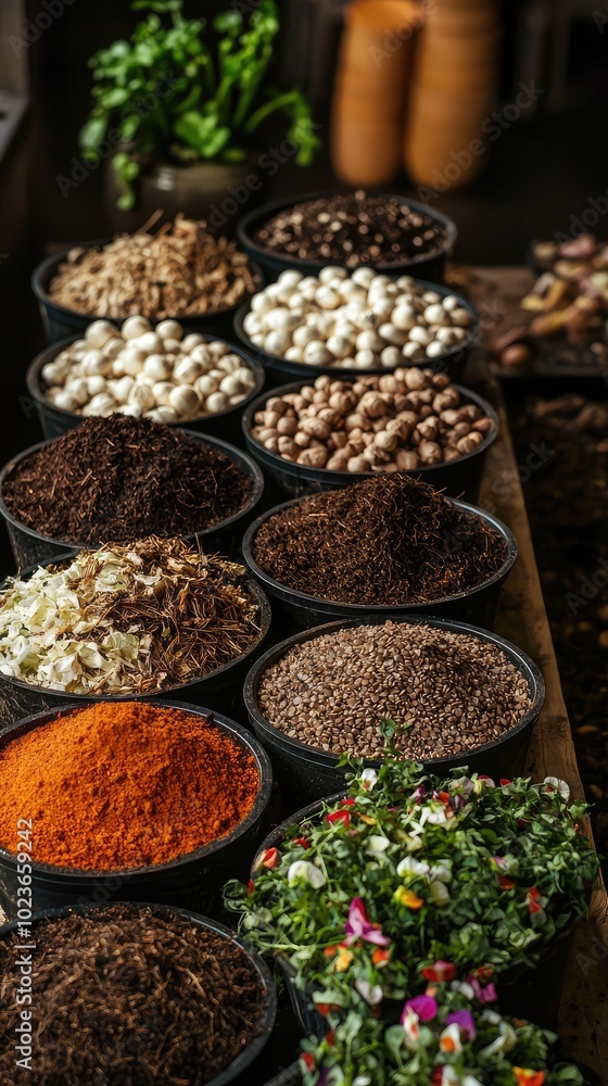 Colorful Display of Soil Amendments and Natural Materials Colorful Display of Soil Amendments and Natural Materials