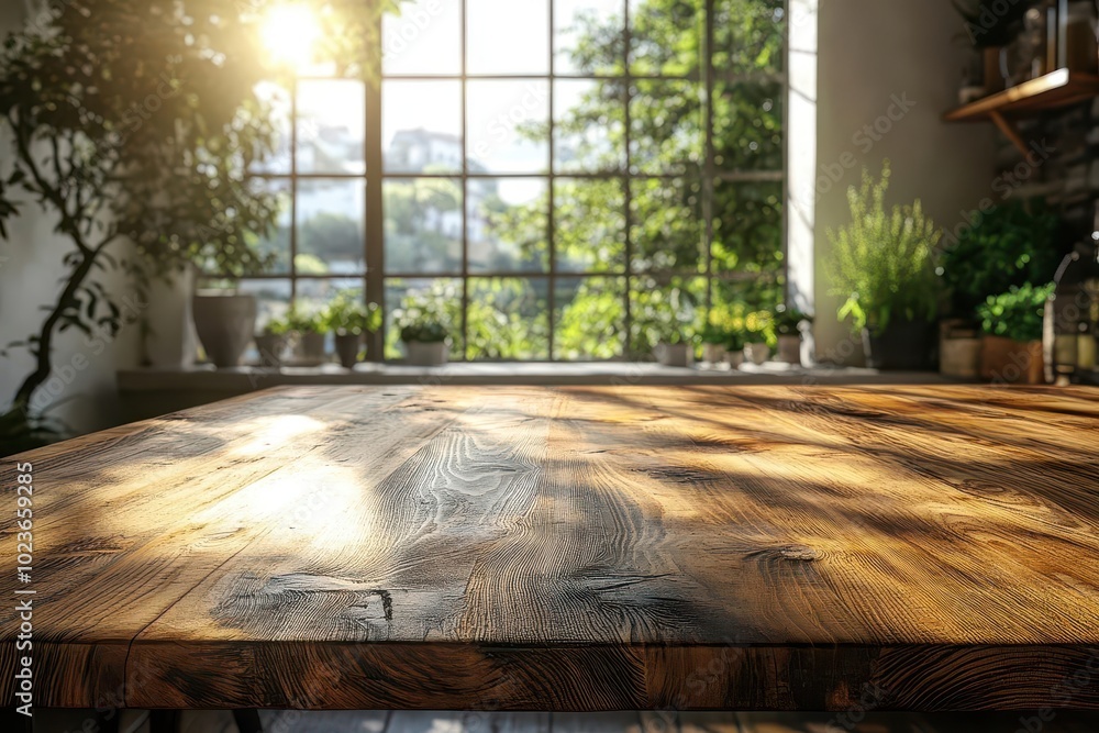 sunlit wooden tabletop with a blurred kitchen window in the background perfect for showcasing products or food items radiating a cozy and inviting ambiance for display purposes sunlit wooden tabletop with a blurred kitchen window in the background perfect for showcasing products or food items radiating a cozy and inviting ambiance for display purposes