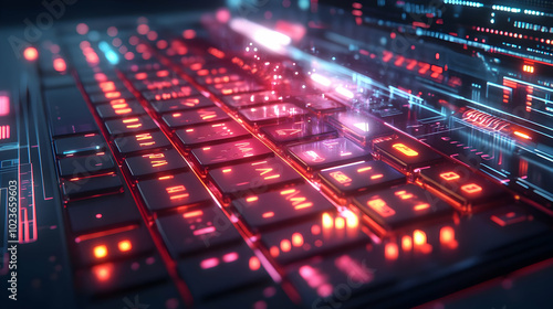 Futuristic 3D Glowing Keyboard with Floating Holographic Automation Arrows and Steps for Modern Workflow Automation - Ideal for Tech Ads on Isolated White Background