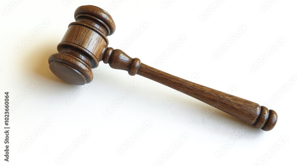 Close-up of a judge's gavel on a white background, representing justice and authority in a minimalist composition. No people. Close-up of a judge's gavel on a white background, representing justice and authority in a minimalist composition. No people.