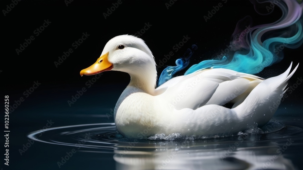 A white duck exhaling blue smoke, creating a whimsical and surreal atmosphere in the scene. A white duck exhaling blue smoke, creating a whimsical and surreal atmosphere in the scene.