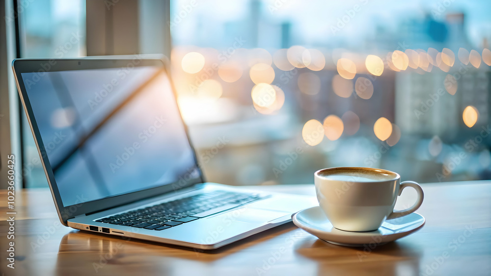 Minimalist Clean Design with Laptop and Coffee Cup on Plain Background - Ideal for Remote Work, Digital Lifestyle, and Millennial Productivity Ads Minimalist Clean Design with Laptop and Coffee Cup on Plain Background - Ideal for Remote Work, Digital Lifestyle, and Millennial Productivity Ads