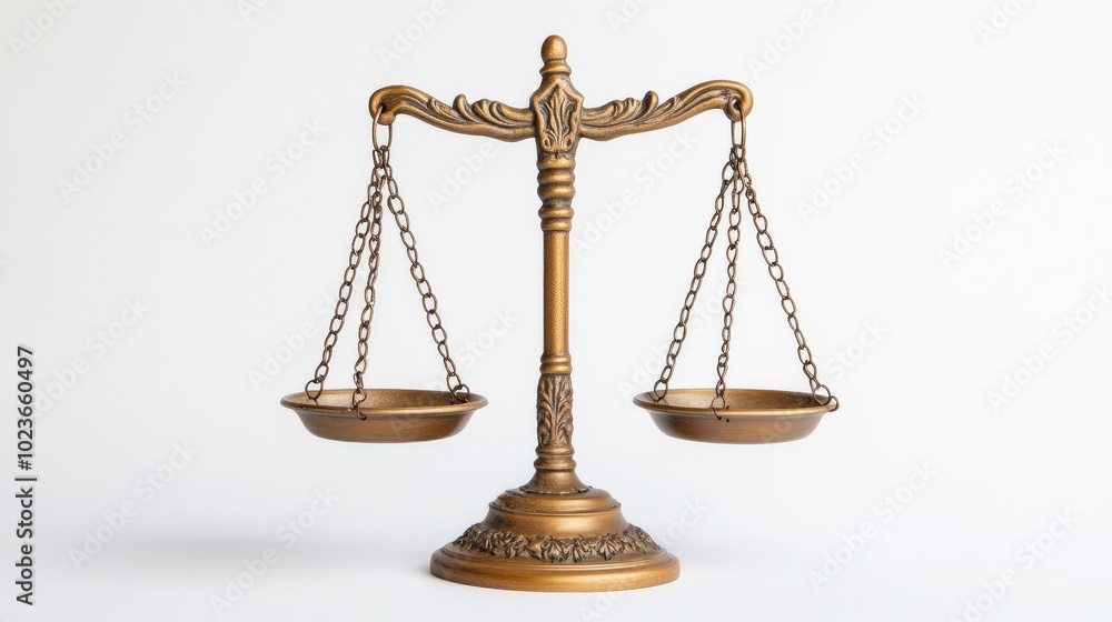 Close-up of scales of justice, perfectly balanced, set on a bright white background, symbolizing equality. No people. Close-up of scales of justice, perfectly balanced, set on a bright white background, symbolizing equality. No people.