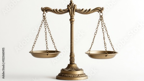 Close-up of scales of justice, perfectly balanced, set on a bright white background, symbolizing equality. No people.