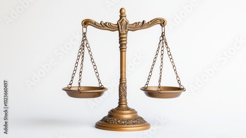 Close-up of scales of justice, perfectly balanced, set on a bright white background, symbolizing equality. No people.