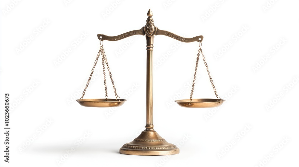 Elegant brass scales of justice in perfect equilibrium, isolated on a white background, representing fairness. No people. Elegant brass scales of justice in perfect equilibrium, isolated on a white background, representing fairness. No people.