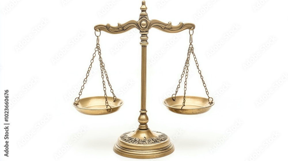 Elegant brass scales of justice in perfect equilibrium, isolated on a white background, representing fairness. No people. Elegant brass scales of justice in perfect equilibrium, isolated on a white background, representing fairness. No people.